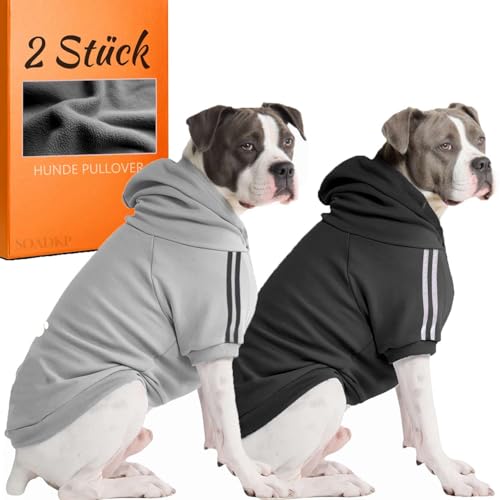 SOADKP Hunde Pullover Kapuzenpulli mit Fleece – Warme Hoodies & Mantel für Mittelgroße Hunde (Schwarz+Grau/3XL)