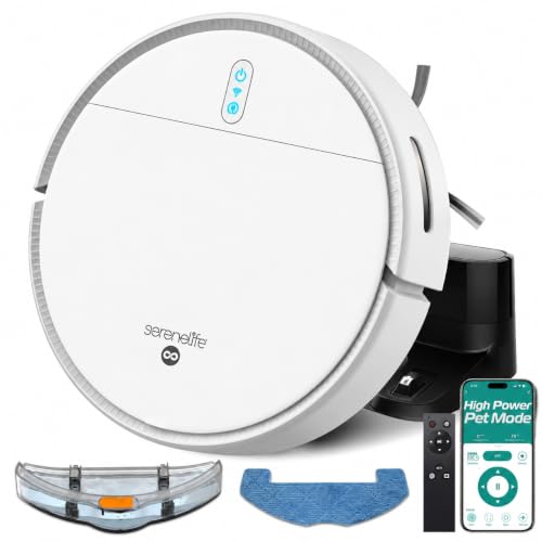 Image of SereneLife Smart Robot Vacuum and Mop Combo, App Control, 3 Cleaning Modes, Anti-Fall Sensors, Multi-Surface Cleaning, Self-Charging, 1000Pa Suction Ideal for Pet Hair, Soft and Hard Floors, White