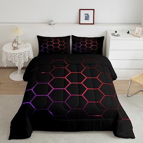 Feelyou Boys Cartoon Honeycomb Comforter Set Geometry Hexagon Bedding Set for Kids Teens Girls Colorful Grid Art Neon Decor Comforter Purple Red Black Quilt Set Bedroom Collection 3Pcs Queen Size