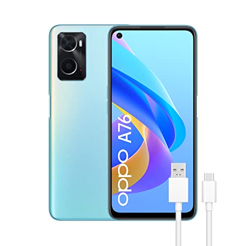 OPPO A76 – スマートフォン 128GB、4GB RAM、デュアル SIM、6.56 インチ画面、13MP+2MP カメラ、8MP Selfie カメラ、5000mAh バッテリー、33W 急速充電 – ブルー
