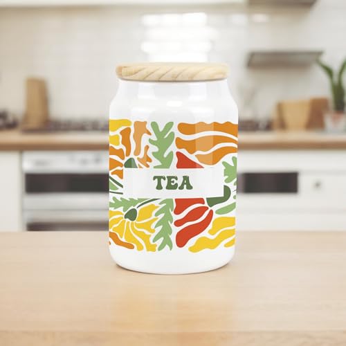 Vintage Floral Ceramic Tea & Coffee Storage Canisters - Orange & Yellow Blossom Kitchen Food Containers with Wooden Lid 600ml (14.5cm x 9.5cm) - Set of 2 - Image 2