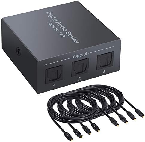 CAMWAY 3 Port SPDIF Toslink Digital Optical Audio Splitter Aluminum Alloy SPDIF Toslink 1 In 3 Out Support LPCM 2.0 DTS Dolby-AC3 with 4pcs 6ft Optical Cable for PS3 XBOX DAC Converter Blue-Ray DVD TV