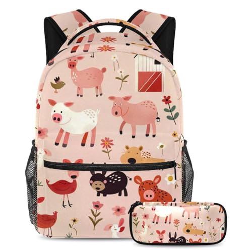 Cartable et sac à dos fille motif animaux roses avec trousse scolaire