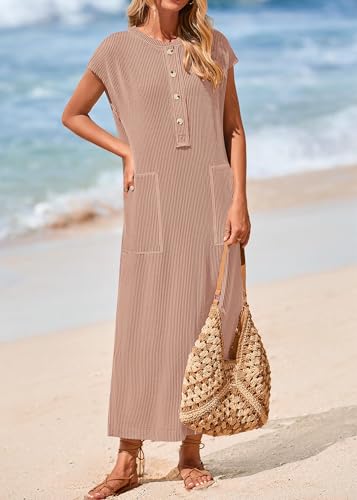 Image of KIRUNDO Womens Summer Ribbed Knit Short Sleeve Maxi Dress | 2026 Spring Henley Button Up Knitted Tshirt Dress, Loose Beach Vacation Sundress, Teacher Dress, Loose Fit Nursing Friendly