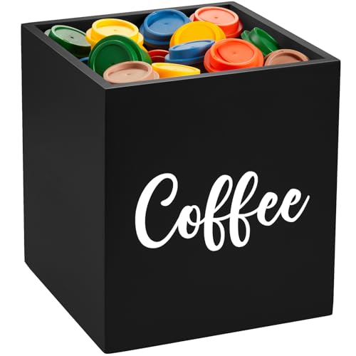 GCWSTJK Black Coffee Pod Holders for Counter - Wooden K Cup Holders for Countertop - Coffee Bar Accessories and Organizer - Square Storage Basket for Kitchen Countertop