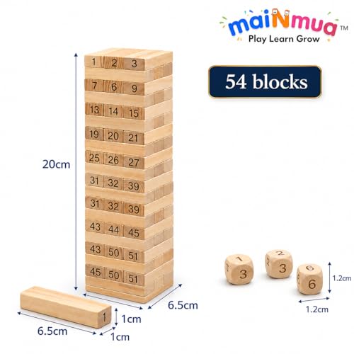 Image of Wooden Kids Tumbling Tower Number Game Blocks Set 54 PCS- Mini Stacking Tower for Indoor Stacking & Balancing Play,Wooden Building Block,Party Game,Brain Teaser-4 Dices (Medium)