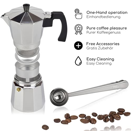 Milu Espressokocher (No Induktion) | 2, 3, 6, 9 Tassen | Aluminium Mokkakanne, Espressokanne, Espresso Maker Set inkl… – Bild 3