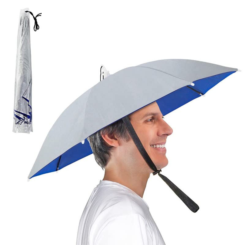 Umbrella Hat, 25 inch Small Hands Free Umbrella Cap for Adults & Kids, 7-Ribs UV Protection Waterproof Foldable Headwear for Gardening Camping Golf Sunshade Outdoor,(Silver,2pcs)