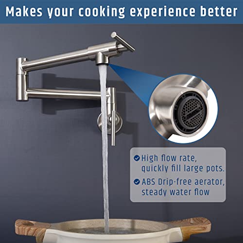Blovtoo 20'' Pot Filler Faucet, Brushed Nickel Pot Filler Faucet Over Stove, Wall Mount Folding Water Faucet Over Stove, 304 Stainless Steel Double Joint Swing Arm With Single Hole, 2 Handles #TOP3