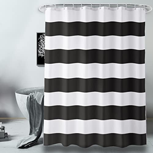 Image of AmazerBath Black and White Shower Curtain Cloth, Striped Shower Curtain Fabric with 2 Heavy Stones, 72 inch W x 72 inch H