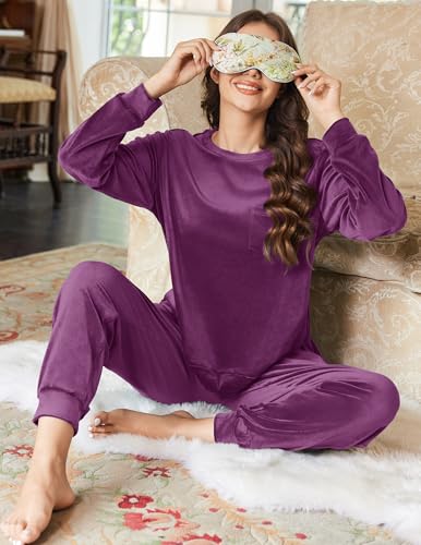 Ekouaer Womens Pajamas Sets Long Sleeve Soft Sleepwear 2 Piece Velvet Pjs Lounge Sets with Pockets