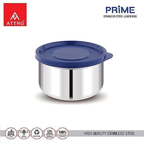 Image of ATTRO Prime Stainless Steel Single Wall Storage Containers Airtight & Leak Proof Containers for Office Use, School, Picnic, 550ml -Blue-Set Of 4