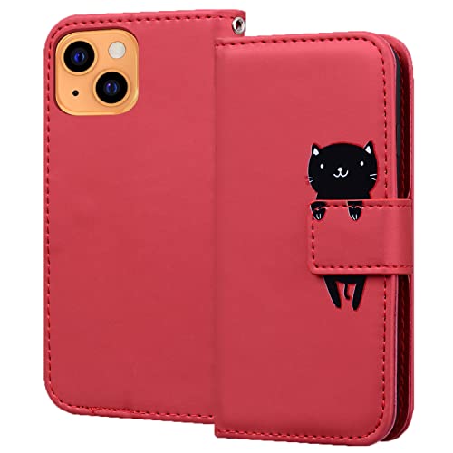 iPhone 13 ケース手帳型 iPhone 13 手帳型ケース Gedurya iPhone 13 保護ケース 人気 動物 パターン iPhone13 多機能携帯保護カバー 便利なマグネット式 iPhone13ケース 肌感レザー 高質感 iPhone13 ケース 落下防止TPU 全面保護 (iPhone 13 6.1 インチ対応), 赤猫