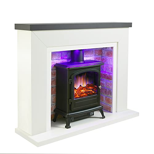 Endeavour Fires Farlington kominek elektryczny, czarny piecyk na balony, 122 cm, białe światło, oświetlenie LED z realistycznym efektem płomienia, 2 kW grzejnik wentylatorowy z pilotem zdalnego sterowania (szara góra, czerwona cegła)