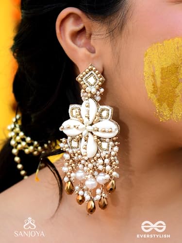 Image of SANJOYA by EVERSTYLISH Hand-Embroidered Statement Earrings for Women | Festive Ethnic Wear | Shell, Bead & Glass Drop Detailing | Lightweight, Gold-Toned Danglers for Weddings, Parties & Gifting