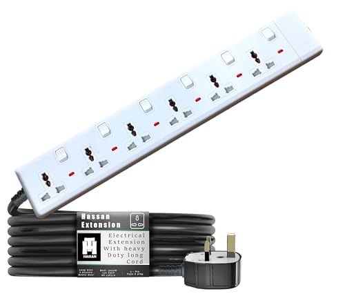 Hassan Heavy Duty Extension Board with Universal Sockets Long Cable Options (3m/10m/30m),13A Max 3000W 220-240V, Durable Power Strip for Home, Office Work Place (Six Sockets, 3m (10ft))