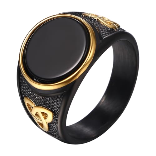 Image of Flonge Men's Black Onyx Ring: Viking Round Agate Signet Ring Norse Celtic Knot Ring Fashion Jewelry Gift for Men Size 10
