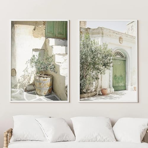 Tableau mural d'olivier vert et paysage urbain moderne, toile minimaliste salon 60x90 cm x2