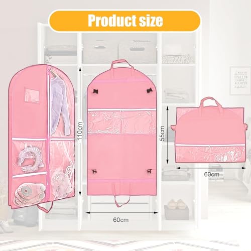 Clear Dance Costume Garment Bag for Dancers,40 inch Kids Garment Bag for Dance Competitions with 5 Clear Zipper Pockets for Dance Costumes,Garment Bags for Hanging Clothes Travel Storage (Pink)
