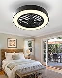 QUMFIXPU Enclosed Ceiling Fan with Lights, 20' Low Profile Fan Light LED Remote Control Dimming 6-Level Wind Speed, Flush Mount Ceiling Light with Fan Reversible Blades Hidden Ceiling Fan (Black)