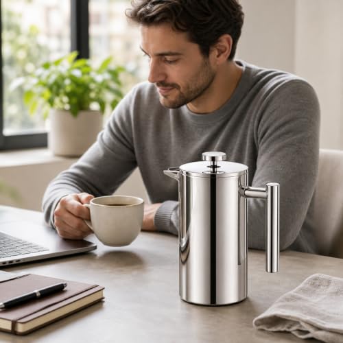 Image of 12 oz / 350 ml Stainless Steel French Press Coffee Maker, Double-Wall Insulated Small Coffee Press with 2 Extra Filters and Coffee Spoon, Single Serve French Press for Home, Office and Camping