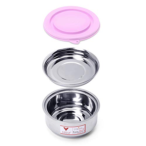 Image of Stainless Steel 3 Container Lunch Box Set |2 Containers 350ml Each & 1 Container 280 ml with Spoon and Bag|Dishwasher Safe|Air Tight Tiffin with Pink lid |Office Travel Picnic School