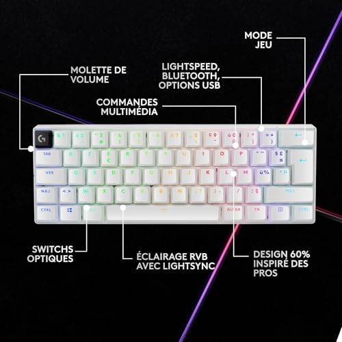 Logitech G Pro X 60 Lightspeed, Clavier Gaming sans Fil, mécanique Compact TKL 60 pour Cent, LIGHTSYNC RVB, Touches en PBT Double Couche, switchs tactiles GX optiques, Windows PC, AZERTY FR - Blanc
