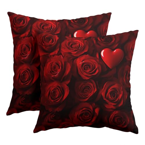 Valentines Day Pillow Covers 20X20 Inch Red Heart Rose Floral Decorative Pillow Cases Wedding Mother's Day Anniversary Cotton Linen Throw Pillows Set of 2 Home Decor For Sofa Couch Bedroom Outdoor