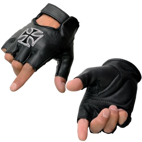 Image of Milwaukee Leather SH198 Men's Black Flame Embroidered Fingerless Gloves with Gel Palm