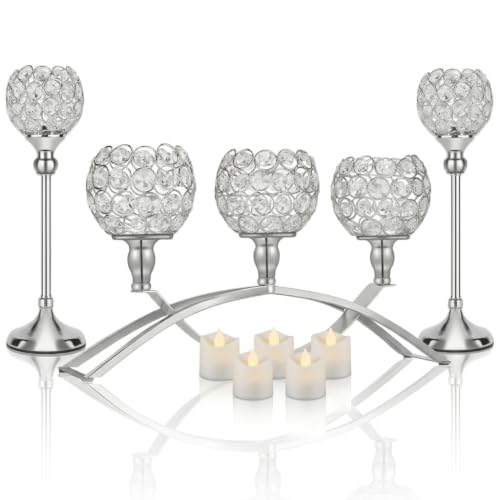 DARCKLE Silver Crystal Candle Holders, Decorative Arch Candelabra Centerpieces for Tables, 3-Arm Candlesticks Holder and 2 Glass Holders, Silver Table Decor for Wedding, Party, Anniversary