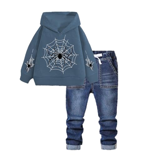 Asbabiy Boys Pullover Hoodie and Denim Jeans Outfits Set -2 Piece Spider Web Sweatshirt and Pants for Kids 3-10 Years (5-6Y (43-46 IN),Dark Blue)