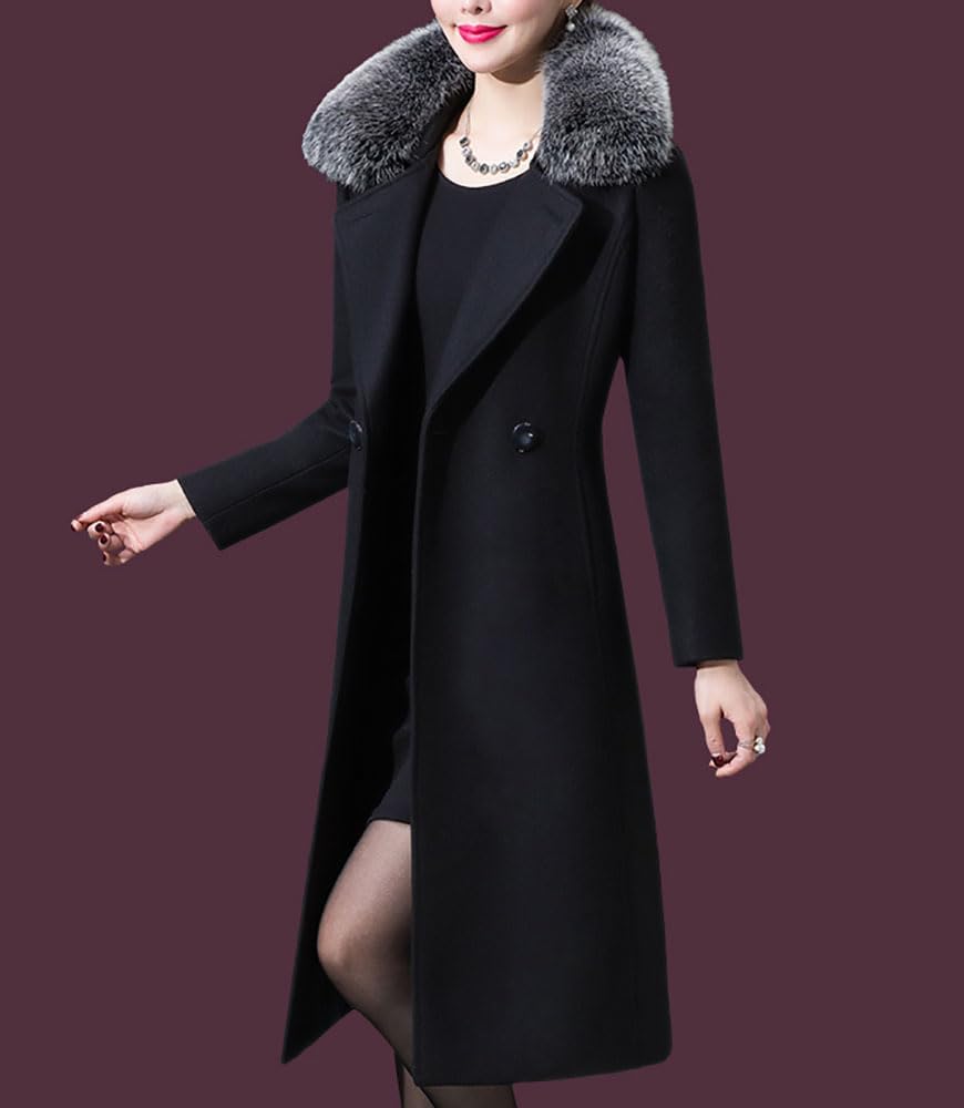 Aprsfn Women's Elegant Solid Color Mid-Length Thicken Warm Pea Coat with Fur Collar