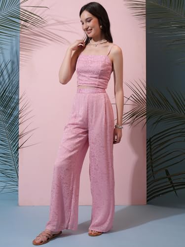 Image of Tokyo Talkies Women's Sleeveless Shoulder Straps Self Design Co-Ords| Stylish Co-Ords | Party Co-Ords