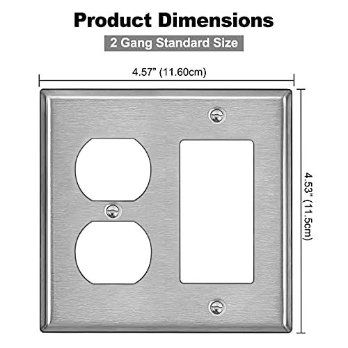 [2 Pack] Bestten 2-Gang Combination Metal Wall Plate With Ｗhite Or Clear Plastic Film, 1-Duplex/1-Decor, Anti-Corrosion Stainless Steel Outlet And Switch Cover, Standard Size, Brushed Finish, Silver #TOP5