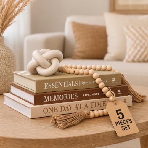 JULZEN Linen Decorative Books for Home Decor - Aesthetic Set of 3 Beige Fake Books for Coffee Table Decor with Faux Book Box Storage, Wood Knot & Bead Garland - Neutral Living Room Decoration