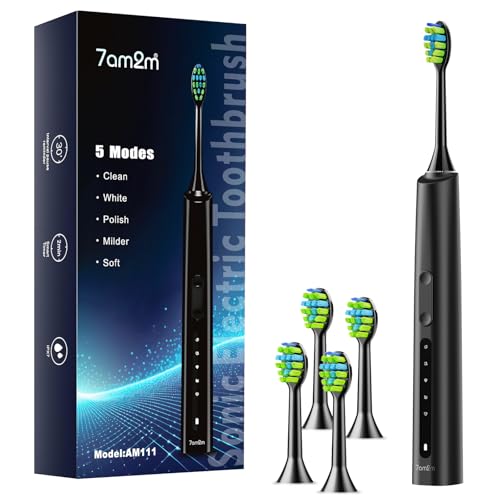 Image of 7AM2M Sonic Electric Toothbrush for Adults and Kids, 40000VPM Power Toothbrushes, Fast Rechargeable with 4 Brush Heads, 5 Modes, 2 Minutes Built in Smart Timer, One Charge for 60 Days (Black)