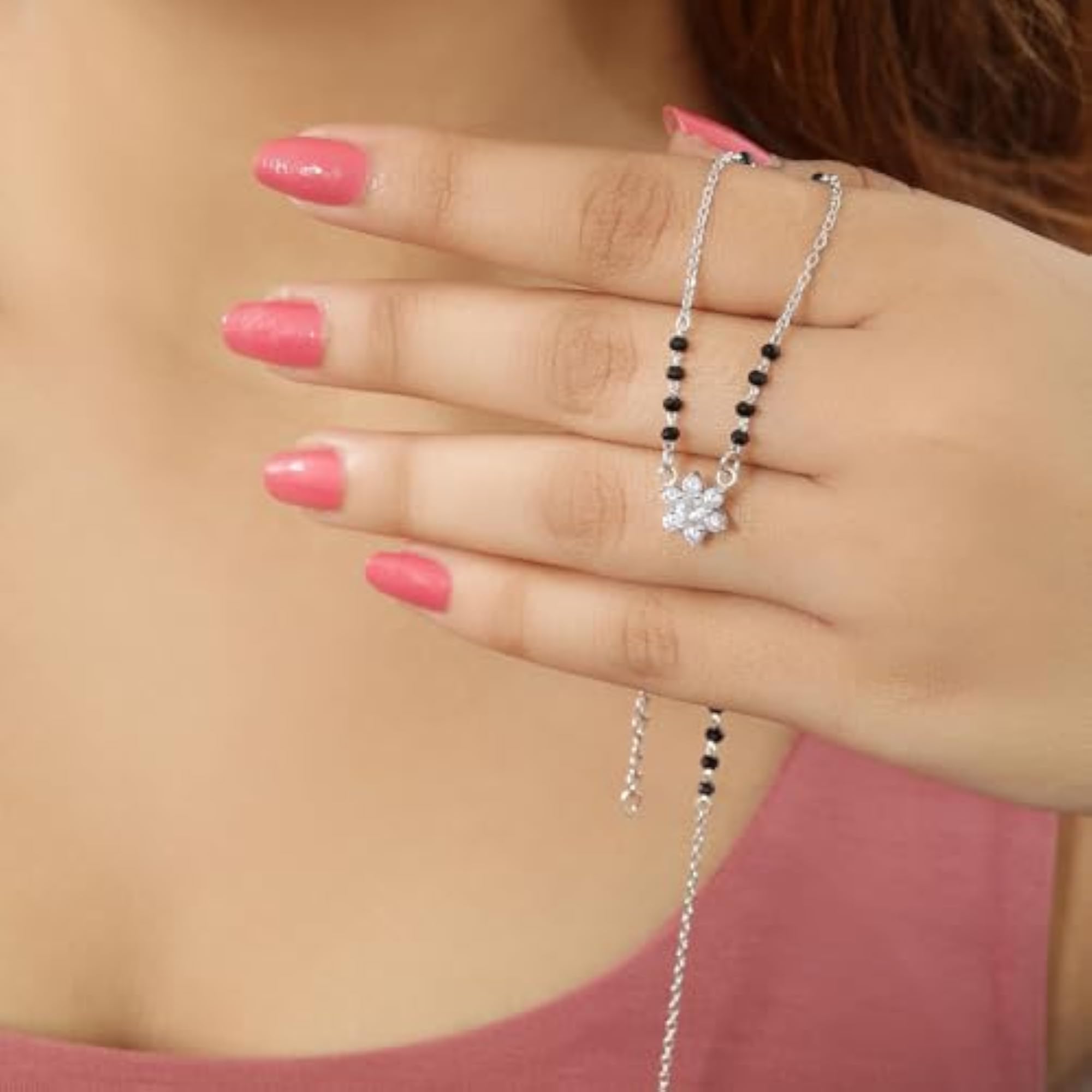 925 Sterling Silver Black Crystal Beaded Floral Design Mangalsutra