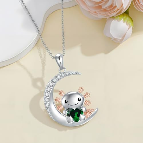 Image of PROESS Animal Birthstone Necklace 925 Sterling Silver Otter /Axolotl /Hippo /Elephant /Dachshund /Monkey /Red Panda Pendant Necklace Animal Birthstone Jewelry Gifts for Women