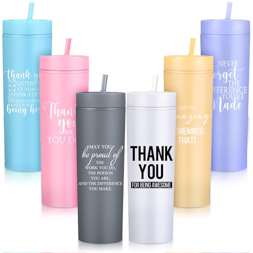 Rtteri Dankeschön-Becher für Mitarbeiter für Damen und Herren, 473 ml, Kunststoff, schmal, mit Deckel, für Freiwillige, Sozialarbeiter, Team, Sekretärinnen, Mitarbeiter, Kollegen, 6 Stück