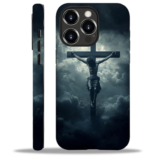 CARLOCA for iPhone 15 Pro Compatible with Magsafe Full Body Protective Glossy Case, for Girl Boy Shockproof Magnetic Charge Esthetics Pattern Large Cross Jesus Dark Sky Clouds