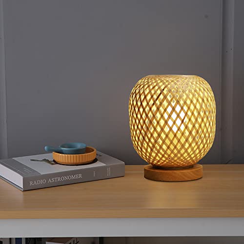 HUAMI Bamboo Lampshade Bedside Table Lamp Wooden Base Bedroom Lamp Handmade Decorative Night Light for Wedding Party Indoor Bedroom Dining Room Outdoor Gift Garden Balcony(E27 Bulb Included)