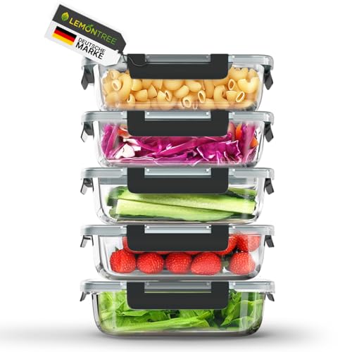 Lemontree Vorratsdosen mit Deckel Luftdicht - Meal Prep Boxen Glas - Mikrowellengeeignet, Spülmaschinenfest - Auslaufsicher, stapelbar - Aufbewahrungsbox Küche (Meal Prep Boxen 5er Set)