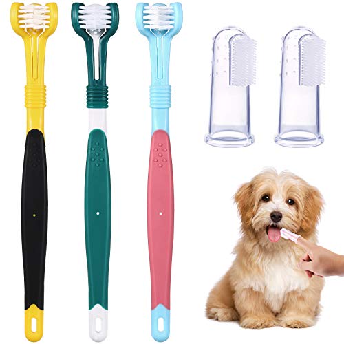 5 Pieces Pet Toothbrush Kit 3 -Sided Pet Toothbrush Dog Toothbrush and Pet Silicone Finger Toothbrush Care Dog Cat Cleaning Mouth