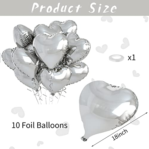 Image of Biapian Silver Heart Balloons, 10PCS Valentines Balloons 18inch Love Foil Balloons for Helium Birthday Decorations for Valentines Day, Wedding, Birthday, Baby Shower