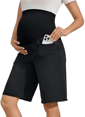 AMPOSH Women's Maternity Denim Shorts Over The Belly Wide Leg Bermuda Jean