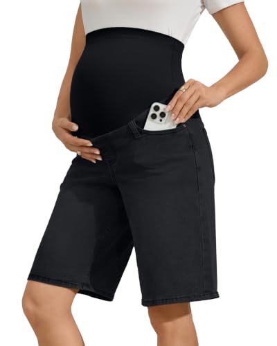 AMPOSH Women's Maternity Denim Shorts Over The Belly Wide Leg Bermuda Jean