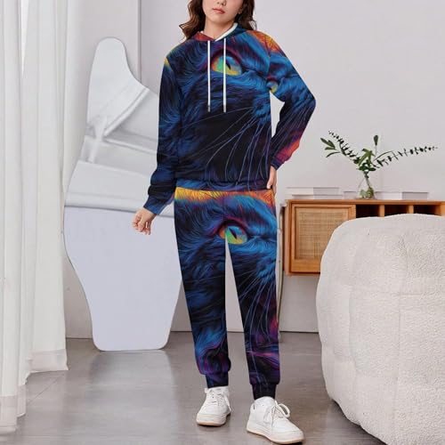 Boys Girls Pullover Hoodie and Pants Outfit 2PCS Set Sweatshirt for Kids, Cat Moonlight Hippie Neon2