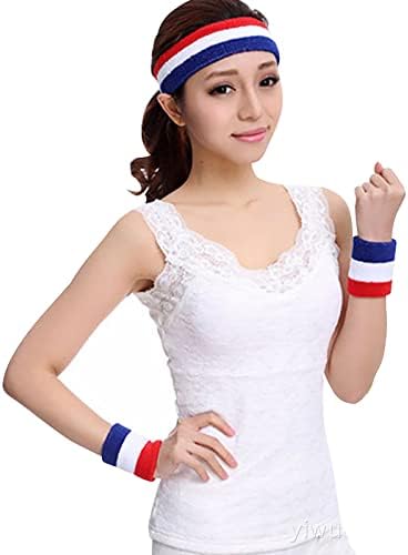 3 PCS Sweatbands Set Elastic Sports Headband Sweat Absorbing Striped Headband and Wrist Sweatbands Athletic Exercise Wristband US UK Flag Pattern Colorful Sweatbands for Men Women Running Tennis Yoga