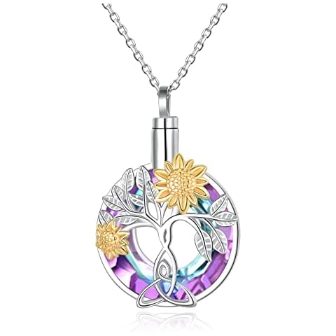 Tree of Life Urn Necklace for Ashes Keepsake Memorial 925 Sterling Silver Circle Crystal Sunflower Celtic Cremation Pendant Necklaces for Human Ashes Women Gifts, Metal, Cubic Zirconia Cover