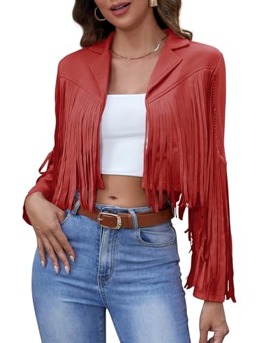Womens Casual Faux Leather Jacket Fringe Tops Tassel Suede Cropped Coats Motorcycle Jacket Cow Girls Outfits Country Concert Western Coats Cowgirl Red M